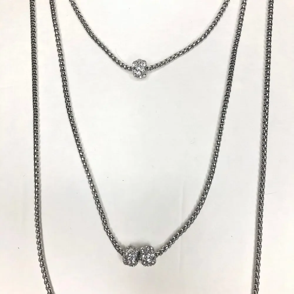 Layered Necklace with Pave Stone Embellished Beads Silver Tone Chain